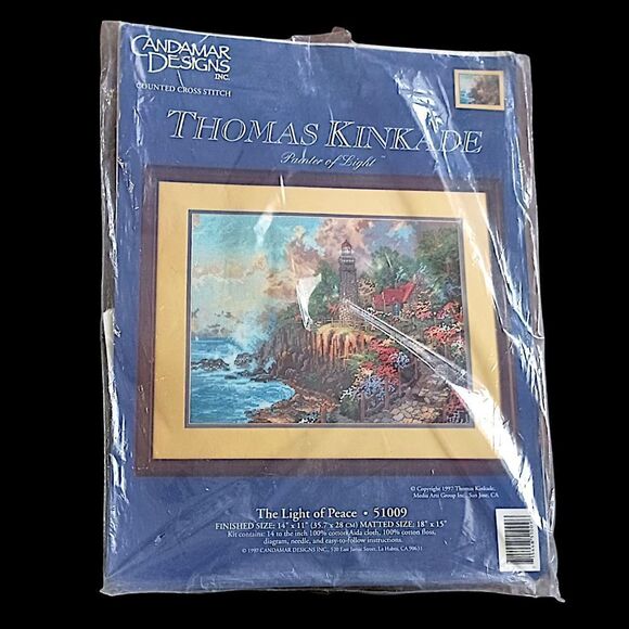 Thomas Kinkade Cross Stitch Kit The Light of Peace 51009 Candamar Lighthouse Vtg - Picture 10 of 16